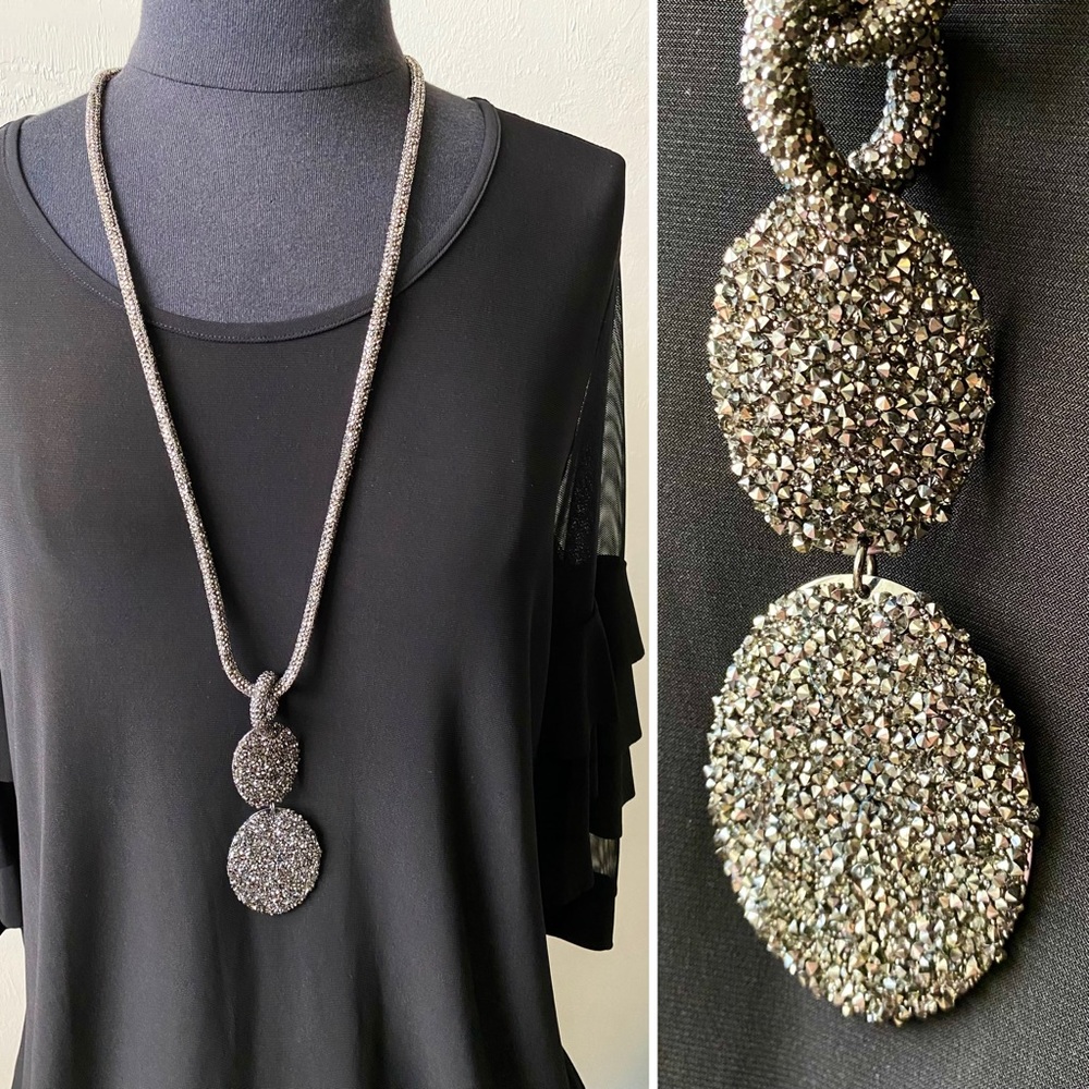 LAST CHANCE SALE! LONG Silver Oval Pendant Crushed Rhinestone Statement Necklace